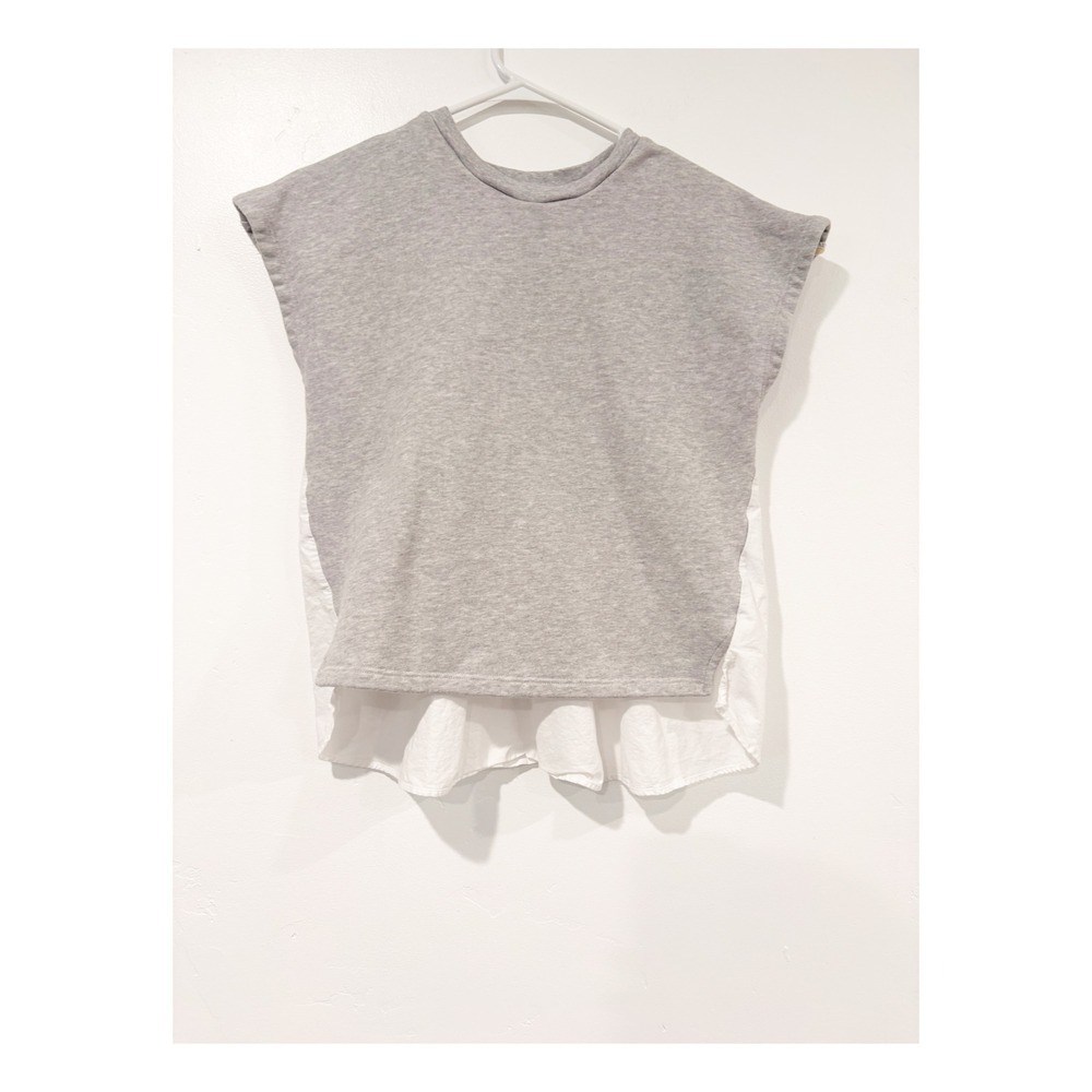 Anthropologie Mixed Media Grey Sweatshirt White Poplin Back Cap Sleeve Top Small